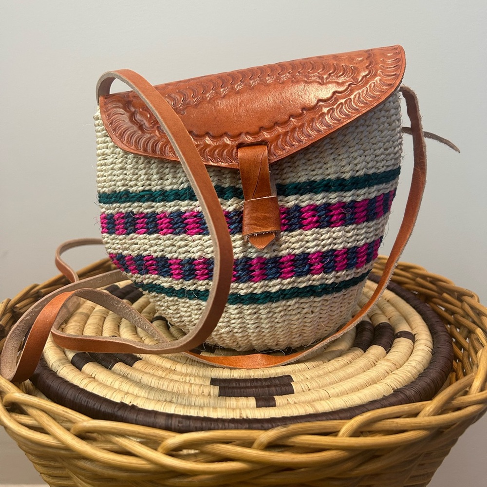 Artisan Woven Crossbody Bag with Leather Flap
